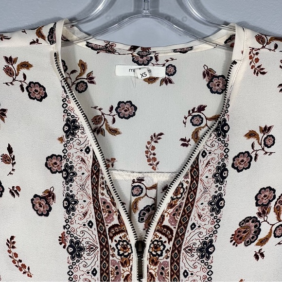 Cream Burgundy Boho Blouse Size XS Zip Neck Detail Tab Slv Festival Oversize Top - Picture 3 of 9